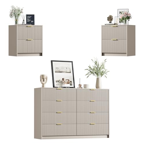 Image of Furniway Modern Beige 3-Piece Dresser Bedroom Set, Fluted Wood 8 Drawer Dresser with Gold Handles and 2 Drawer Nightstands, Chest of Drawers for Bedroom, Living Room, Entryway