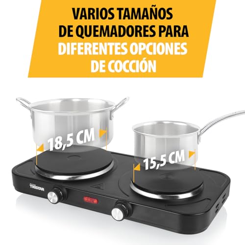 Miniatura 3 de Placa De Cocina Pórtatil Tristar - Doble Quemador - Para Alojamiento De Estudiantes, Camping, Cocina Americana - 15,5 Y 18,5 Cm De Diámetro - Termostato Regulable - 2 500 W - Kp-6152