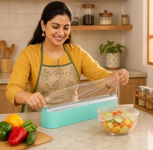 Image of VEEZAAS Wall Mounted Plastic Wrap Dispenser with Cutter, Refillable Cling Film Holder, Easy Slide Cut Foil & Wrap Organizer for Kitchen