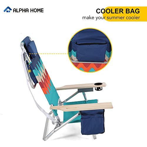 Alpha Camp Beach Chair With Cooler Bag Oversized Heavy Duty Steel Frame Support 250 Lbs Collapsible Padded Camping Folding Chair With Cup Holder Quad Lumbar Back Chair Portable For Outdoor/Indoor，Wave #TOP1