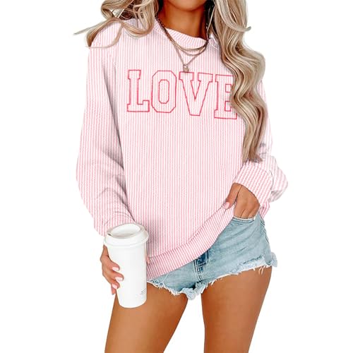 MNLYBABY Cute Love Heart Shirts Women Ribbed Textured Knit Casual Shirt Lightweight Valentines Sweatshirt Long Sleeve Top