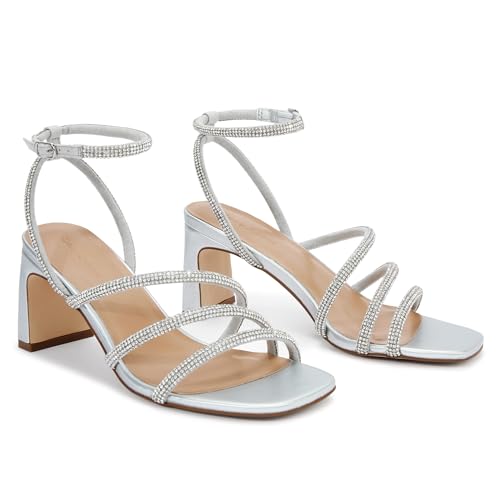 CosyFever Womens Rhinestone Sandals Ankle Strap Square Toe Dressy Heels Shoes for Party Wedding Dressy Dating3