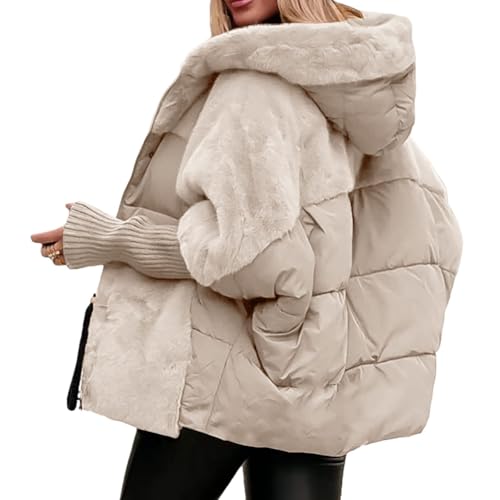 Generisch Oversized Damen-Steppjacke mit Kapuze, Patchwork-Design, wattiert, leicht und warm, Winterbekleidung Teddy Jacke Damen