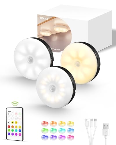 EZVALO Under Cabinet Lighting, 1000mAh Rechargeable Puck Lights with Remote, 3 Color Temps & 12 RGB Motion Sensor Closet Lights, Dimmable Under Cabinet Lights for Kitchen, Cabinets, Closet (3 Packs)