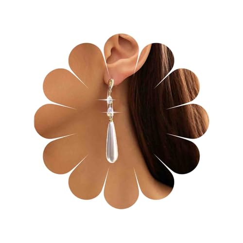 Tseenyi Pendientes de caída de perlas Pendientes de perlas lágrimas largas Pendientes de colgación de perlas de cristal Pendientes de dhinestone dhinestone de oro Pendientes de caída de agua de perlas