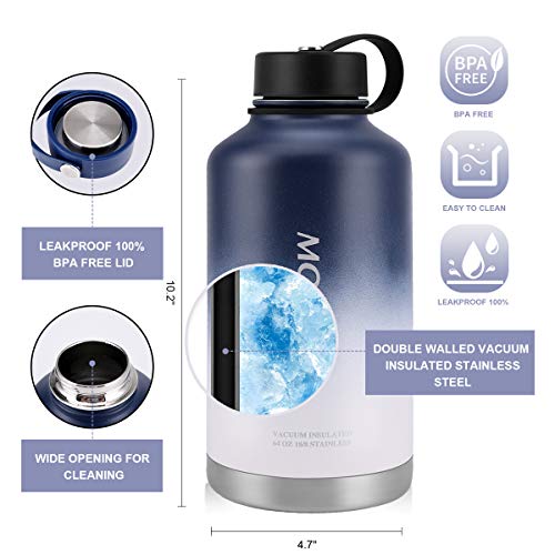 64 oz Stainless Steel Water Bottle, MOICO Double Wall Vacuum Insulated Water Bottle, Keeps Cold 24 Hours & Hot 12 Hours, BPA Free Leak Proof Wide Mouth with Travel Bag - Blue White - Thumbnail 2