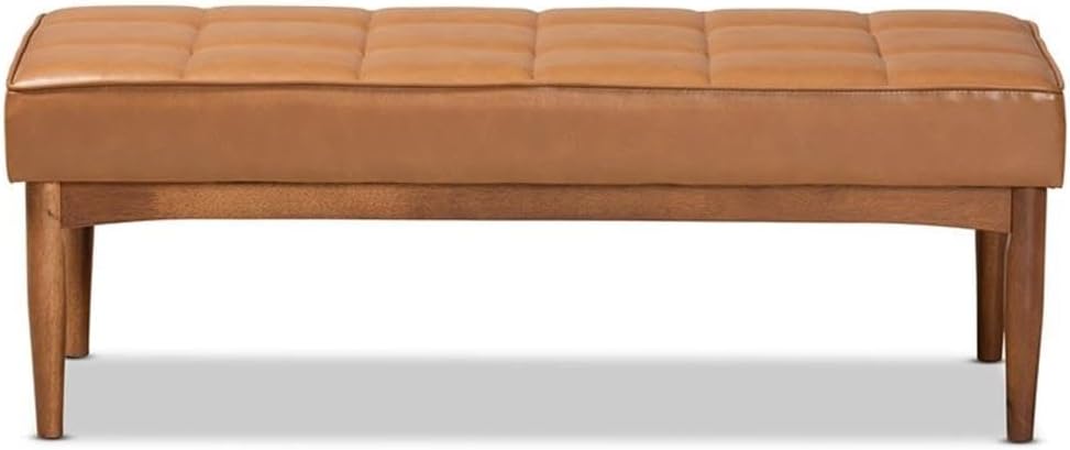 BOWERY HILL Tan Walnut Brown Wood Dining Bench, 47" Wide, Faux Leather Upholstery with Foam Padding, Biscuit Tufted Seat, Mid-Century Modern Design, Tapered Legs, Ideal for Dining Room or Kitchen
