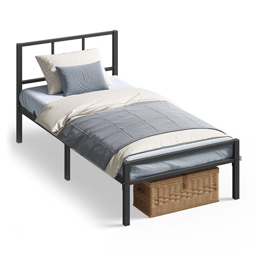 VASAGLE Cama Individual, 90 x 190 cm, Cabecero, Marco de Metal, Carga de 250 kg, Montaje Fácil, para Dormitorio, Negro Tinta RMB291B101