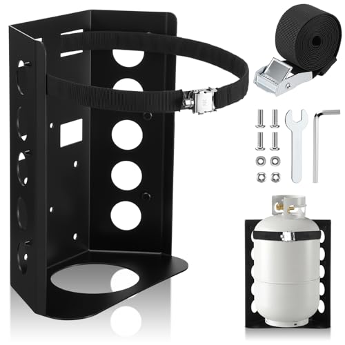 Hicarer Aluminum Propane Tank Mounting Bracket for 10 Ibs Bottle Aluminum Propane Tank Holder with Locking Strap and Protective Padding for BBQ Campervan Truck RV Trailer Overland Vehicle Boat