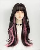 WKLOUYHE Long Wavy Wig for Women Synthetic Curly Wig with Bangs Fibre Cosplay Wig for Girls Daily Use Colorful Wigs (Black+Brown+Pink)