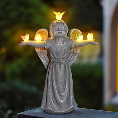 MININOVA Solar Angel Garden Statue with 5 Birds Solar Lights, Resin Cherub Figurine Outdoor Decor for Garden Porch Yard, Gift for Women Mothers Day Birthday Housewarming