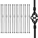 16 Pack Wrought Iron Stair Balusters – 44" Hollow Single Basket & Double Twist Design, 1/2" Square Black Metal Spindles with 32 Swivel Shoes for Indoor/Outdoor Staircase Remodel