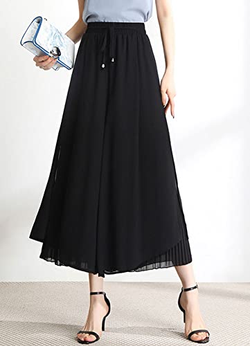 chouyatou Women's Chiffon Wide Leg Pants High Waist Pleated Culotte Palazzo Pants Side Slit3
