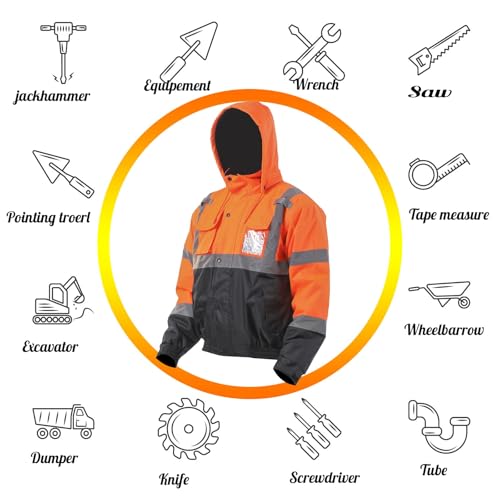 Image of sesafety Reflective Jacket for Men, High Visibility Jackets, Safety Jackets for Men, Hi Vis Construction Bomber Jackets Waterproof with Pockets and Zipper, Black Bottom, Class 3