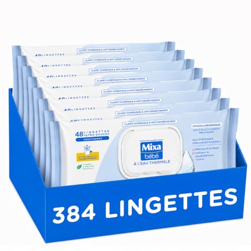 Mixa Lingettes Bébé à L'eau Thermale, Lot de 8 x 48 Lingettes : Hypoallergéniques, Nettoient en Douceur