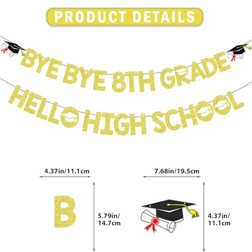 Yavxzvbw Bye 8th Grade Hello High School Banner 8th Grade Graduation Banner 8th Grade Graduation Decorations 2024 for 8th Grad Graduation Party Decorations Gold Glitter
