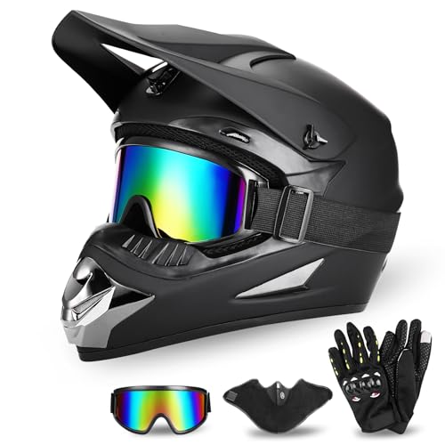 Full Face Dirt Bike Helmet DOT Certified - Complete Adult ATV Helmet Kit with Goggles, Gloves & Mask, Adjustable Visor, Quick Release