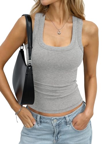 EasyGala Womens Cotton Ribbed Knit Square Neck Tank Tops Sexy Racerback Sleeveless Cami Shirts Slim Fit Fashion Wide Straps Tee Summer Basic Clothes 2026 Heather Grey X-Small