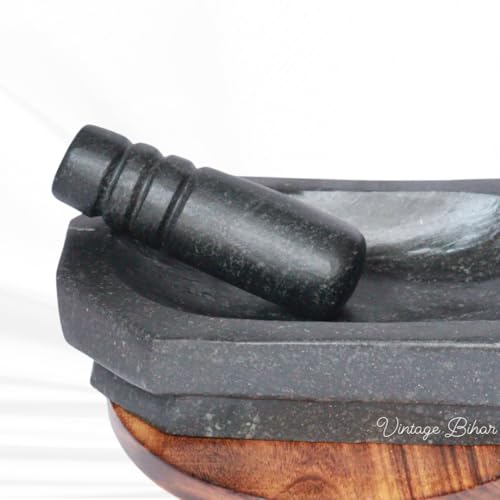 Image of Mortar pestle for kitchen, Silbatta for Chutney, Khalbatta Stone, ammikallu for kitchens small rolu rokali, idi kallu Pure Unpolished Granite Stone (Black, Length = 12 Inch)