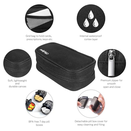 Image of Serfeymi Weekly Travel Pill Organizer 2 Times A Day AM PM Upgraded Black Pill Box 7 Day with Portable Zipper Canvas Pill Case, Medicine Organizer for Pills, Vitamins, Supplements, Fish Oils - Black 01