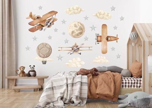 Airplane Hot Air Balloon Boho Wall Decal - Kids Room Wall Art - Adventure Nursery Decor - Hot Air Balloon Wall Sticker - Airplane Wall Art for Boys and Girls - Boho Nursery Decor Mural