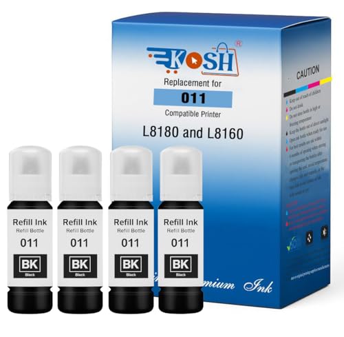 Image of KOSH 011 & 012 Refill Ink Bottle Compatible for Epson L8180 and L8160 Printers (4, Black Pack of 4)