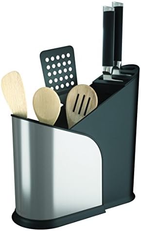 Umbra Furlo Black Stainless Steel Expandable Utensil Holder - Multi Functional Kitchen Caddy Organizer with Divider and Plastic Basket - Perfect for Keeping Knives in Container on the Kitchen Counter