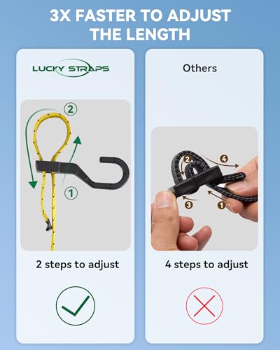 Image of 12 inch Flat Adjustable Bungee Cords with Hooks, 3X Faster to Adjust the Length | LUCKY STRAPS 6 Pack Black /Yellow Heavy Duty Bungee Straps for Cargo, Bike, Cart, Tent, Truck, Camping, Outdoor