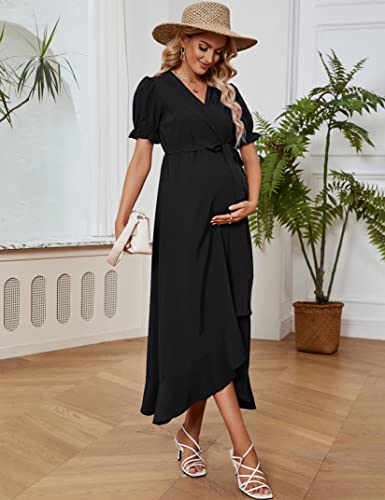Boddysize Women's Maternity Dress Short Sleeve V-Neck Ruffle Maxi Dress Irregular Long Dress Black L #TOP4