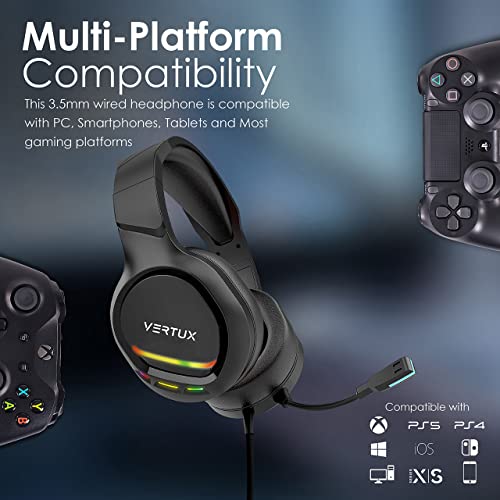 Vertux Tokyo Gaming Headset | Over-Ear Noise-Isolating | Omni-Directional Mic RGB Light | 50mm Distortion-Free Drivers | Detachable Headset for PS4, Laptop, PS5, PC, iMac- Black