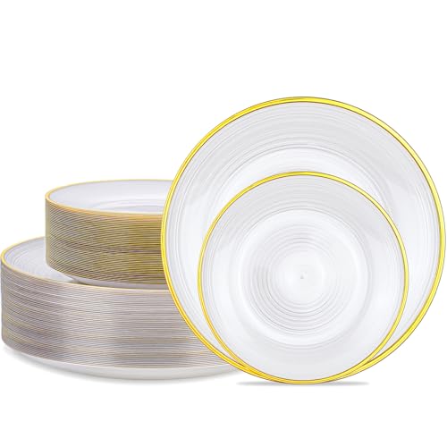 Morejoy 100Pcs Pearl White and Gold Plastic Plates,White Disposable Plates