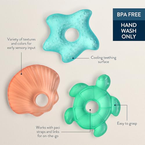 Image of Itzy Ritzy Water-Filled Teethers - Cold Cutie Coolers Textured On Both Sides to Massage Sore Gums & Emerging Teeth - Can Be Chilled in Refrigerator, Set of 3 Seaside Water Teethers