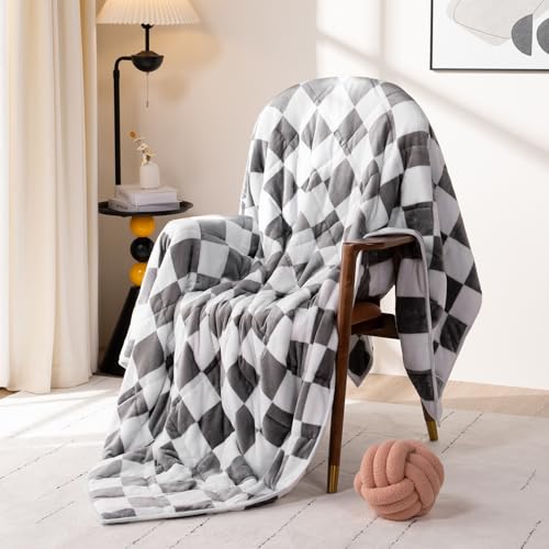 Wemore Flannel Fleece Weighted Blanket for Adult Queen Size 15 lbs, Dual Sided Luxurious Checkerboard Grid Heavy Blankets, Ultra Soft Throw Blanket, Plaid Grey, 60 x 80 inches