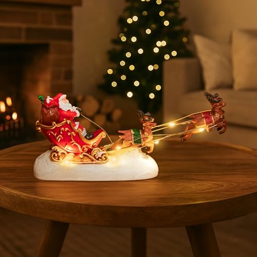 Marco Paul Large Christmas Santa Sleigh Scene Ornament – 25 cm Resin Decoration with Warm White LED Lights – Battery-Operated Father Christmas & Reindeer Figure ndoor Xmas Home Décor