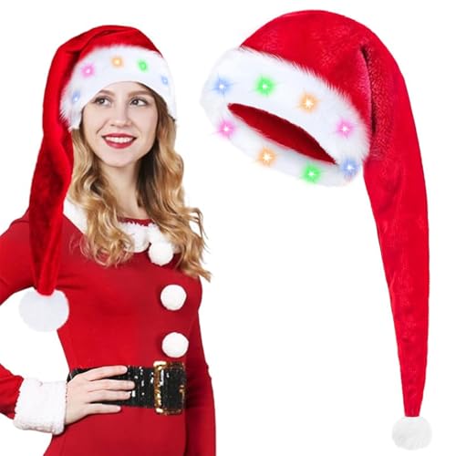 Lang Weihnachtsmütze,Weihnachtsmütze Erwachsene Nikolausmütze LED...
