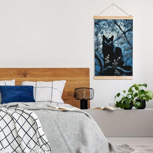 Poster mural moderne chat noir cadre en bois 91x61 cm