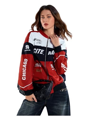 SOLY HUX Women's Racing Jacket Race Car Driver Bomber Jackets Color Block Y2k Outerwear Vintage Streetwear Red Multi Medium