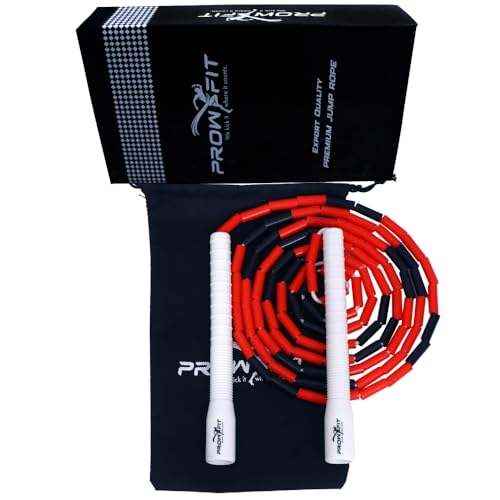 Image of Freestyle Unbreakable Long Handle Soft Shatterproof Beads 1Inch Beaded Jump Rope, Skipping Rope Adult. (10 Ft) (Red Black - White handle)