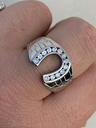 Real Solid 925 Sterling Silver - Lucky Horseshoe Ring - Mens Horse Shoe Ring Iced Flooded Out2