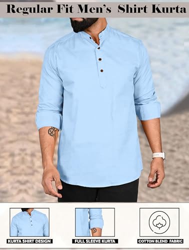 Image of ROYALSCOUT Men Cotton Blend Short Kurta with Mandarin Collar and Button Placket | Full Sleeve Regular Fit Ethnic Wear for Casual and Festive Use