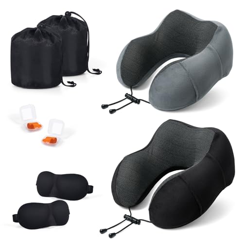 SOMLAW Nackenkissen Flugzeug, 2er Set Reisekissen Memory Foam, Ergonomisch Gestaltetes Nackenhörnchen, Reise Nackenkissen mit Schlafmaske,...