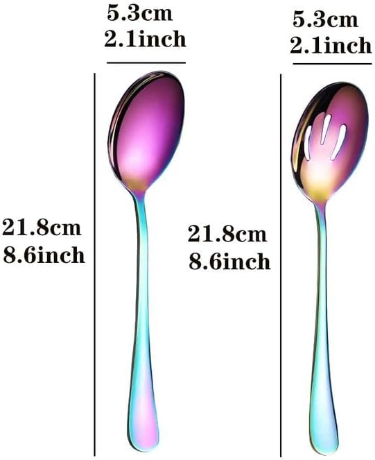 Flatware Spoons Server Set, Rainbow 6 Large Dinner Spoon Server and 6 Slotted Spoon, Catering Public Serving Spoon Set for Buffet Party Banquet