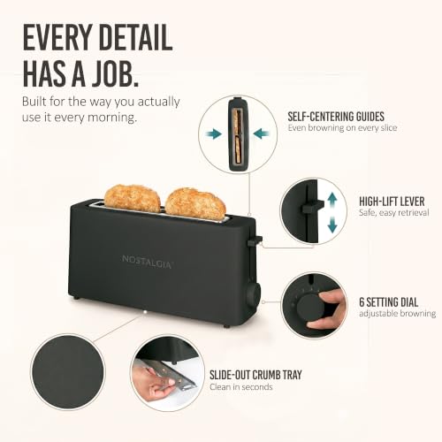 Image of Nostalgia Slim 2-Slice Toaster - Wide Slot - Space-Saving Design - Adjustable Browning Dial - 10-inch Long Slot Fits 2 Slices of Bread or Bagel Halves - Drop-down Crumb Tray - Blackberry