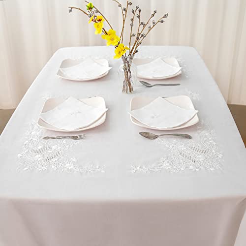 Hcraft Embroidery Handmade Tablecloth, White Tablecloth Rectangular, 100% Cotton Rectangle Tablecloth With 6 Placemats, Floral Tablecloth For Kitchen Room, Dining Room , Family| White- 60X80 In #TOP2