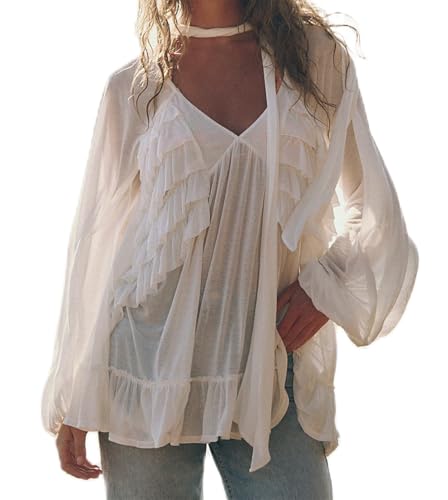 Women Ruffle Flowy Blouse Flare Sleeve Sheer Mesh Shirt Chiffon Frill Trim Layered Long Sleeve Tops Streetwear