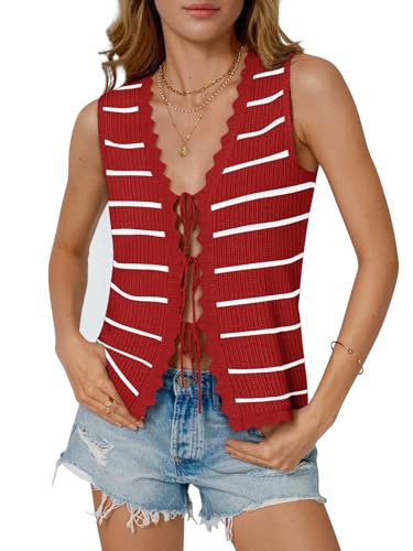 Image of COCCKO Womens Summer Tops Vacation Beach Outfits Cute Tie Front Crochet Vest Knit Sleeveless Sweaters