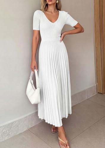 Image of PRETTYGARDEN Women's 2026 Spring Midi Sweater Dresses Elegant Pleated Ribbed Knit Short Sleeve V Neck A Line Summer Outfits