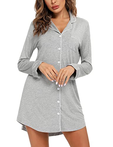 Image of Samring Nightgown for Women Long Sleeve Button Down Night Gown Boyfriend Nightdress Sleep Shirts