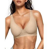 OEAK Womens Deep V Bras Wireless Comfortable Bra Supportive No Underwire Bras Tshirt Push Up Bralettes Plunge Seamless Bra Semolina L