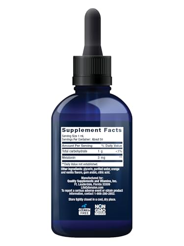Image of Life Extension Fast-Acting Liquid Melatonin (Citrus-Vanilla Flavor), 3 mg, Optimal Sleep Support, Healthy circadian Rhythms, Cellular Defense, Gluten-Free, Non-GMO, 2 fl oz